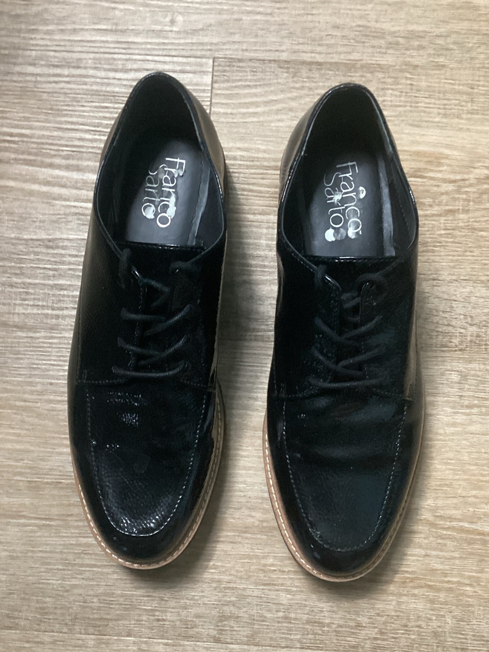 Franco Sarto Black Patent Leather Derby Shoes with Tan Welt US 8 EUR 38.5